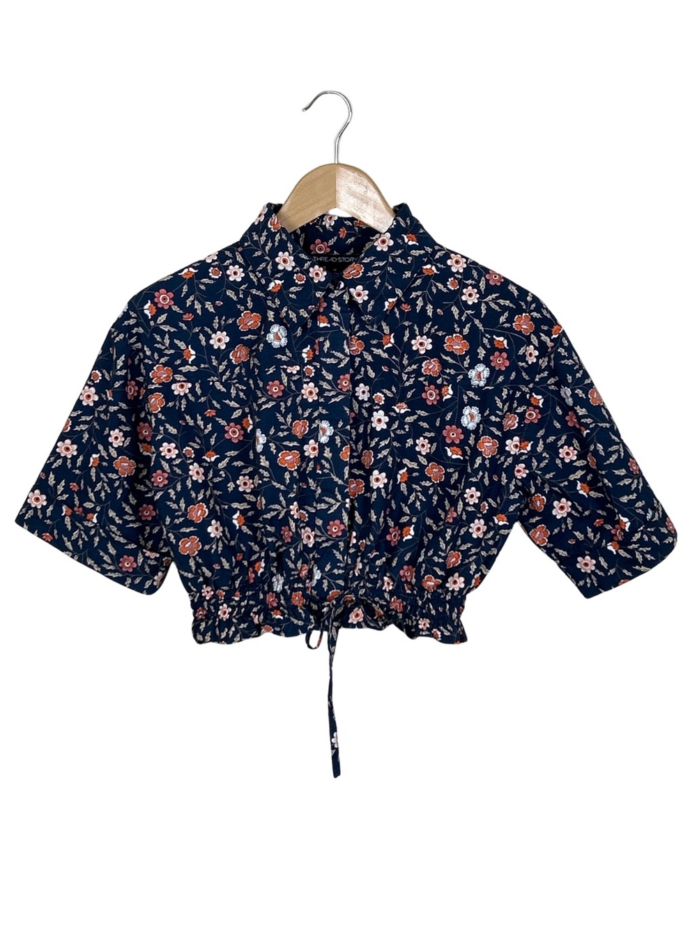 Ditsy Floral Drawstring Crop Cottagecore Top 3/4 Sleeves - M - Navy Blue, White